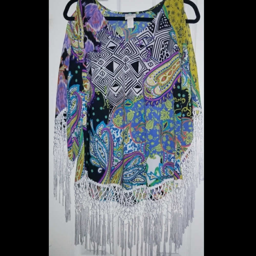 Chico's Retro Paisley Fringe Poncho Tunic Top Sz M